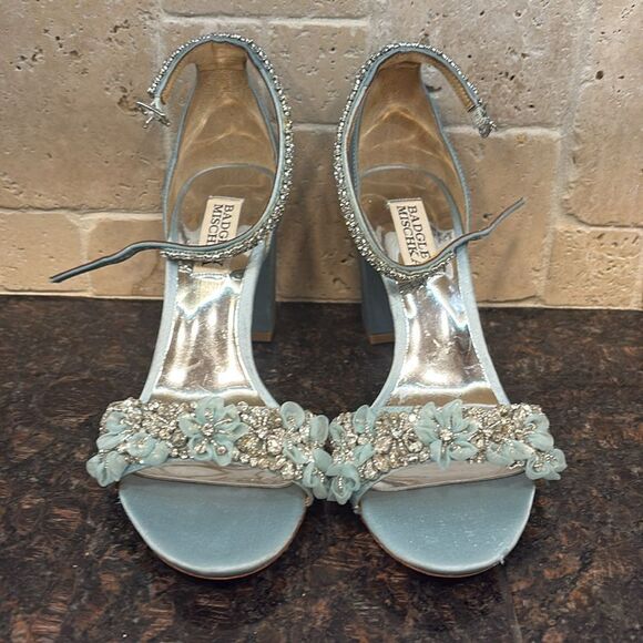 Badgley Mischka Clara embellished strap block heel blue satin heel Size 6 $235 - Picture 7 of 11